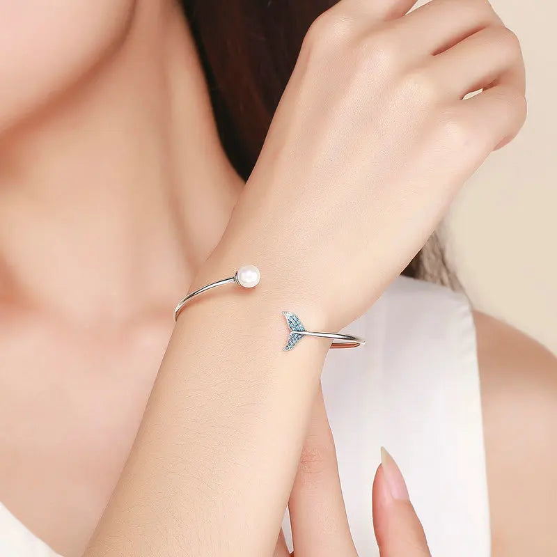 Sterling Silver Blue Fish Tail Bangle Bracelet for Women