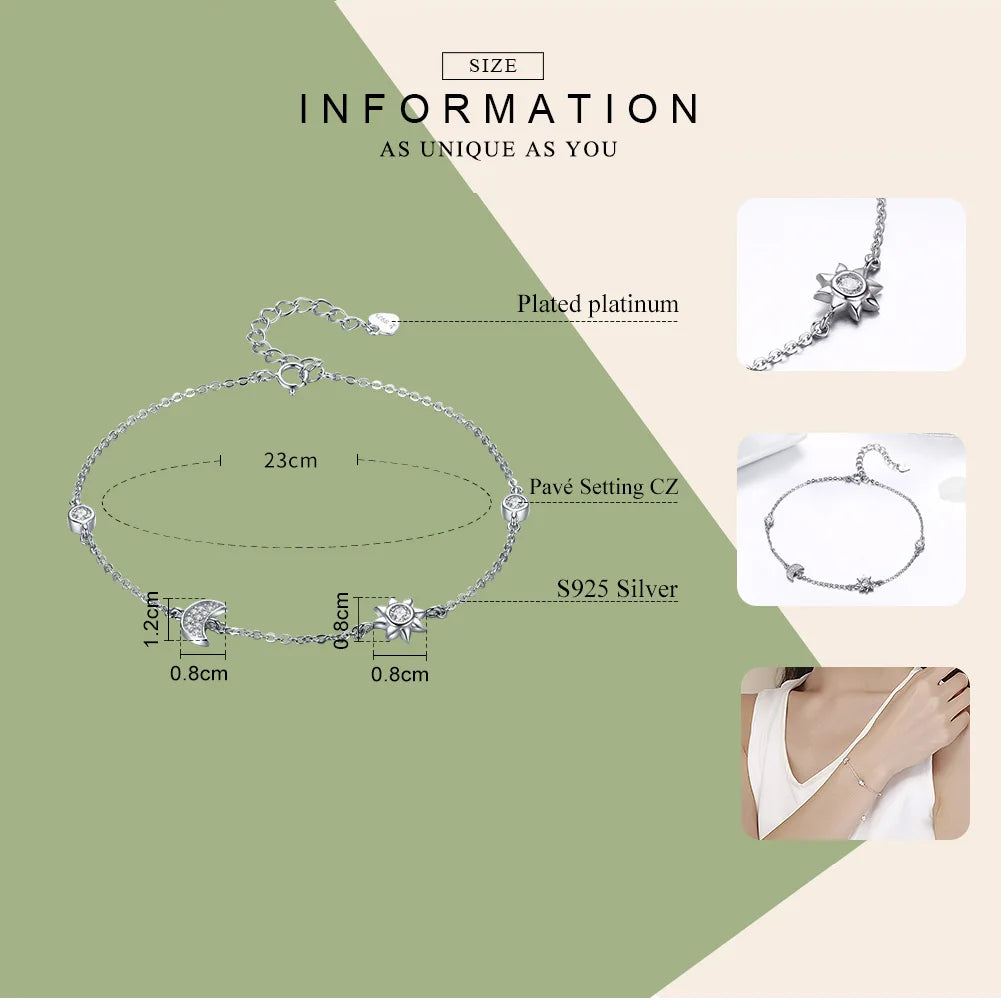 Genuine 925 Sterling Silver Star & Moon CZ Bracelet for Women