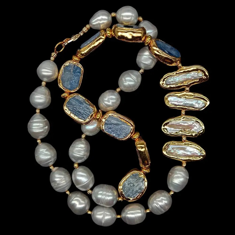 Gray Rice Pearl & Biwa Pearl Necklace with Blue Kyanite