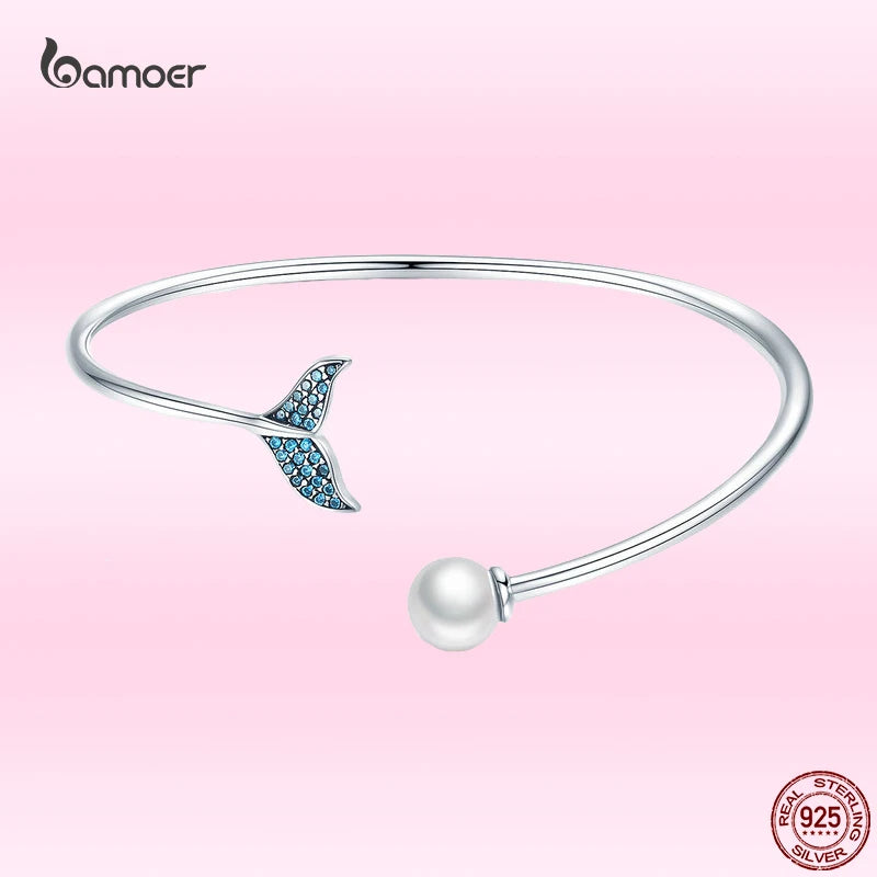 Sterling Silver Blue Fish Tail Bangle Bracelet for Women