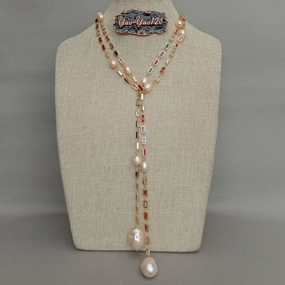 Pink Keshi Pearl CZ Pave Long Chain Necklace for Women