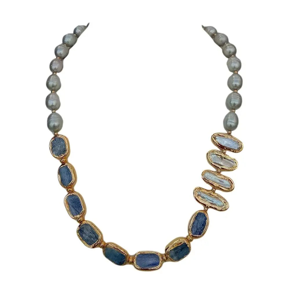 Gray Rice Pearl & Biwa Pearl Necklace with Blue Kyanite