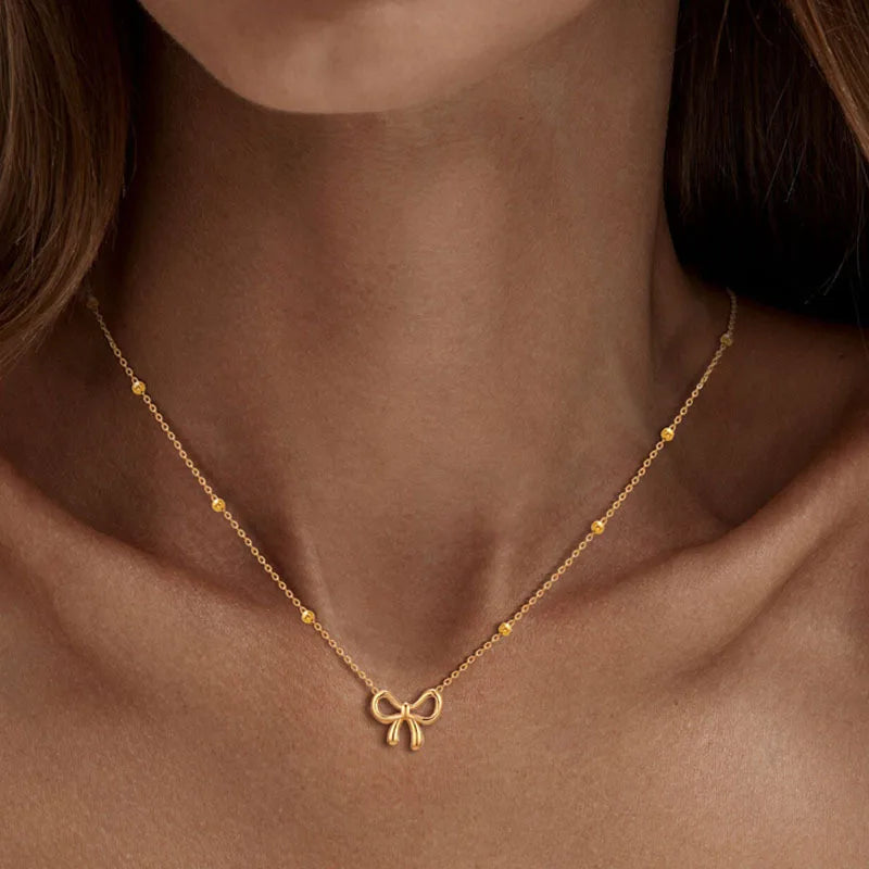 18k Gold Bow Pendant Necklace – Adjustable Satellite Chain
