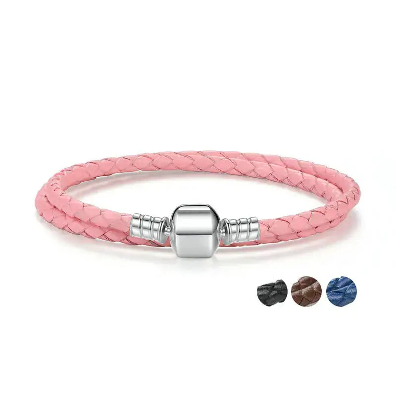 Long Pink & Black Braided Leather Bracelet with Silver Snake Clasp