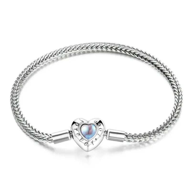 Moonstone Heart Charm Silver Bracelet – 925 Sterling Snake Chain