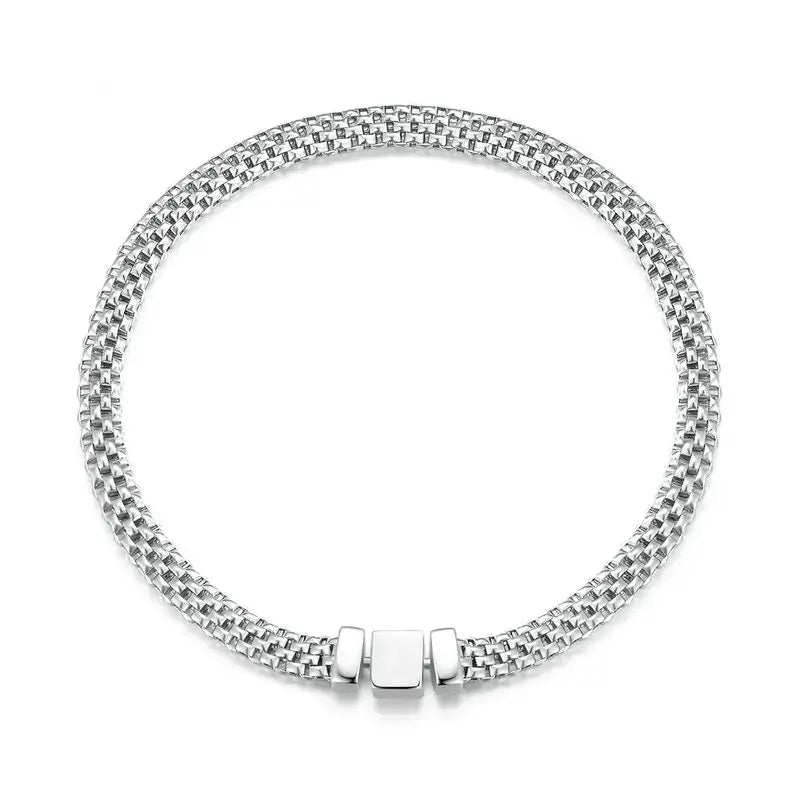 Silver Braided Chain Bracelet with Square Buckle – Platinum Plated
