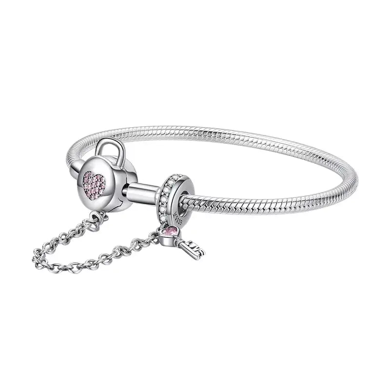 Silver Snake Chain Bracelet with Pink Heart Zircon Lock & Key Charm