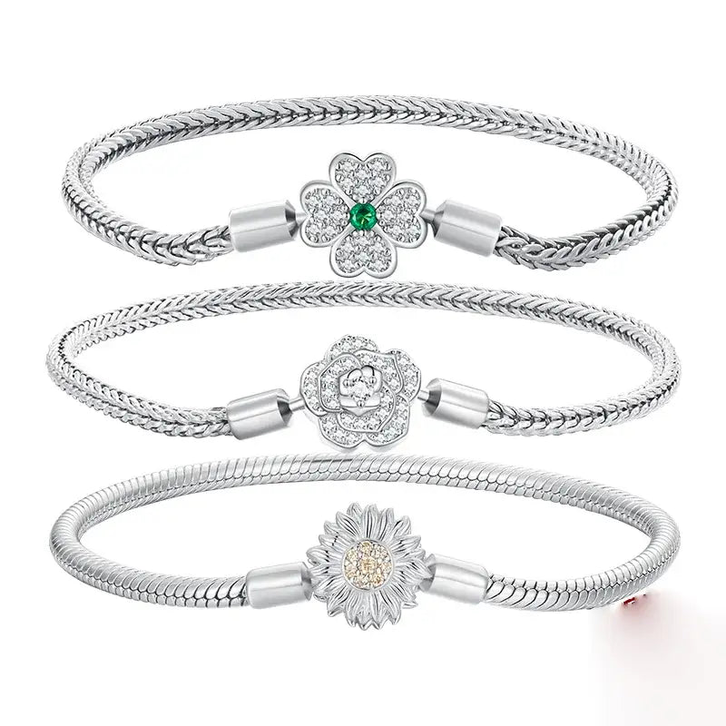 Silver Zircon Rose Clasp Snake Chain Charm Bracelet