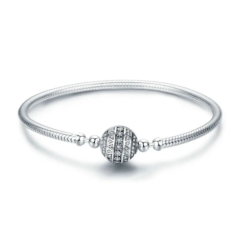 Sterling Silver CZ Flower Clasp Snake Chain Bracelet