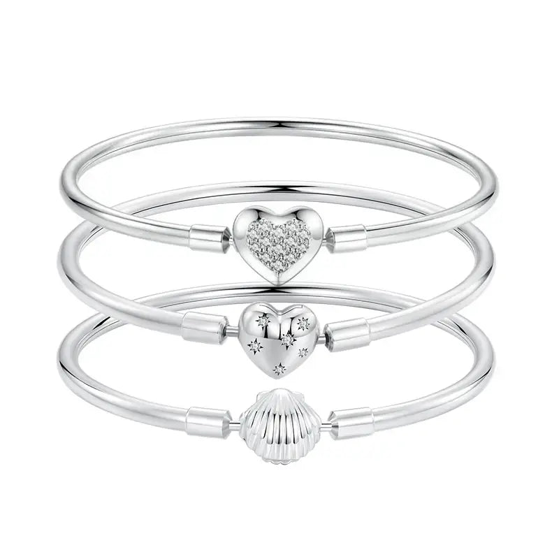 Sterling Silver Heart & Shell Charm Bangle Set