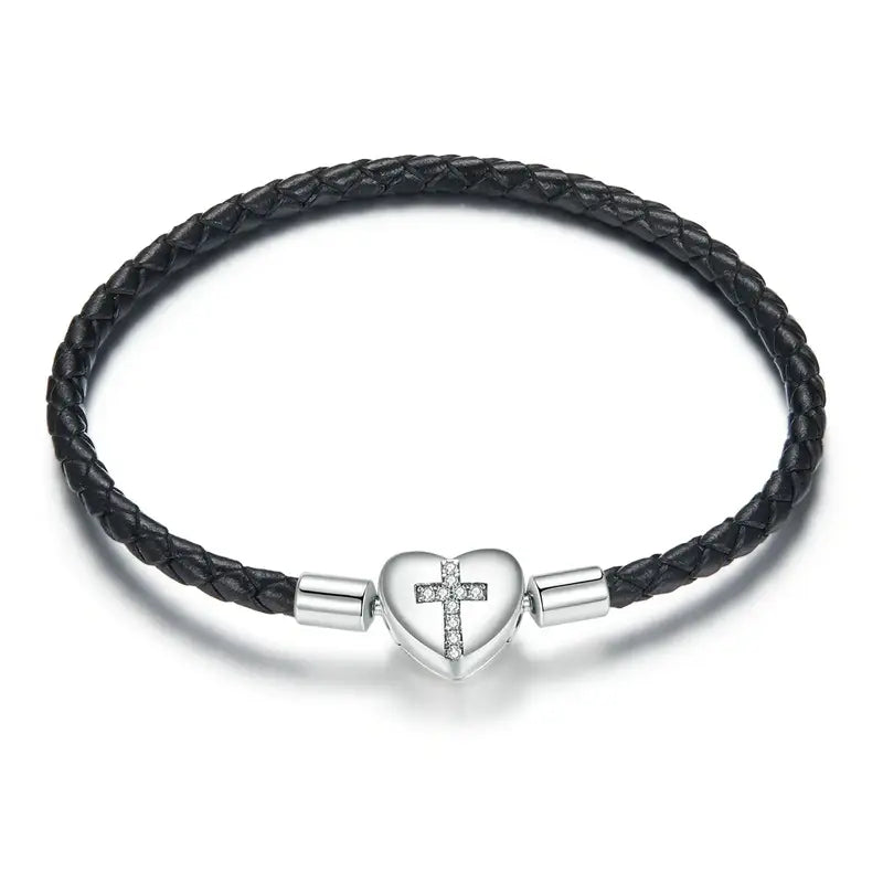 Sterling Silver Leather Cross Bracelet for Women