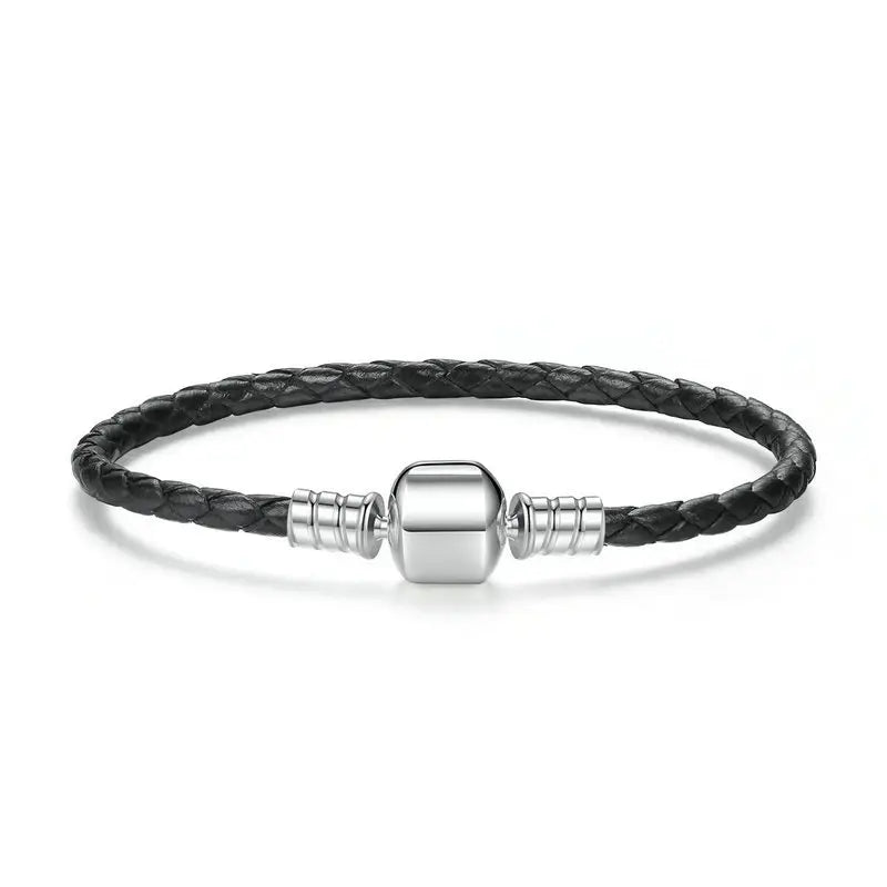 Sterling Silver & Leather Snake Chain Unisex Bracelet