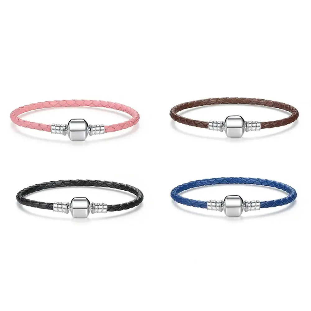 Long Pink & Black Braided Leather Bracelet with Silver Snake Clasp