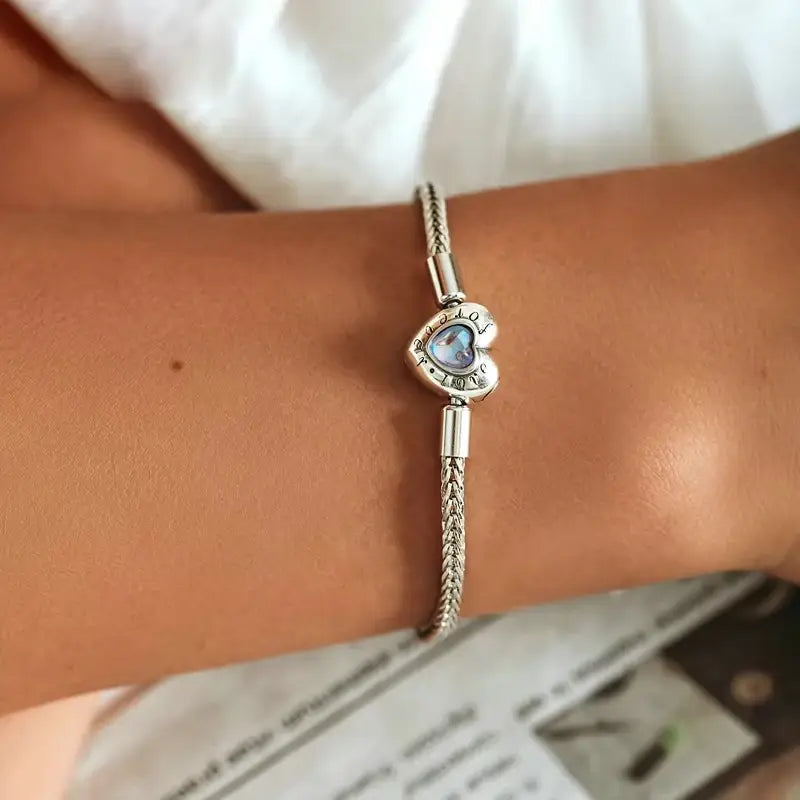 Moonstone Heart Charm Silver Bracelet – 925 Sterling Snake Chain