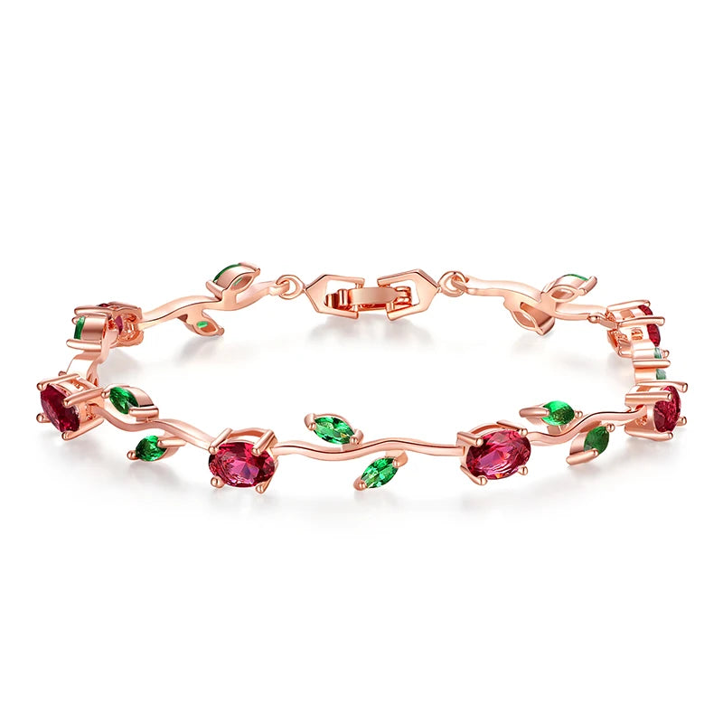 Rose Gold Leaf Link Bracelet with Red & Green Zircon