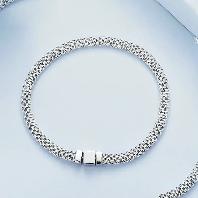 Silver Braided Chain Bracelet with Square Buckle – Platinum Plated