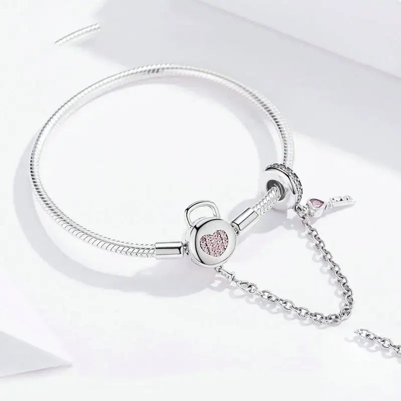 Silver Snake Chain Bracelet with Pink Heart Zircon Lock & Key Charm