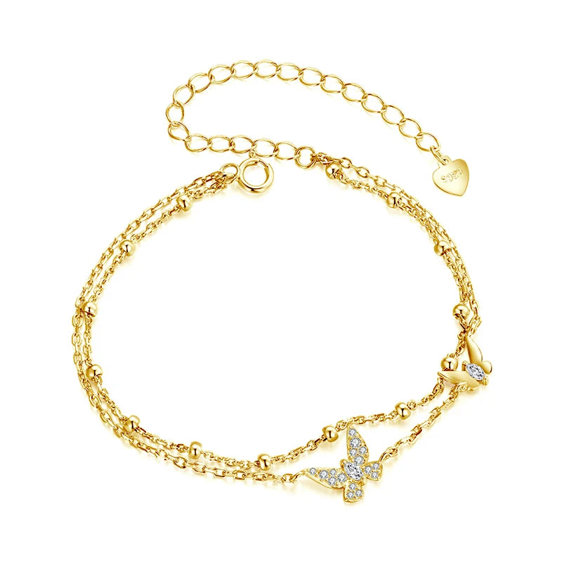 Sterling Silver Double-Layer Butterfly CZ Beaded Bracelet