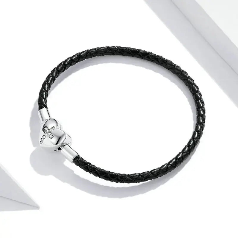Sterling Silver Leather Cross Bracelet for Women