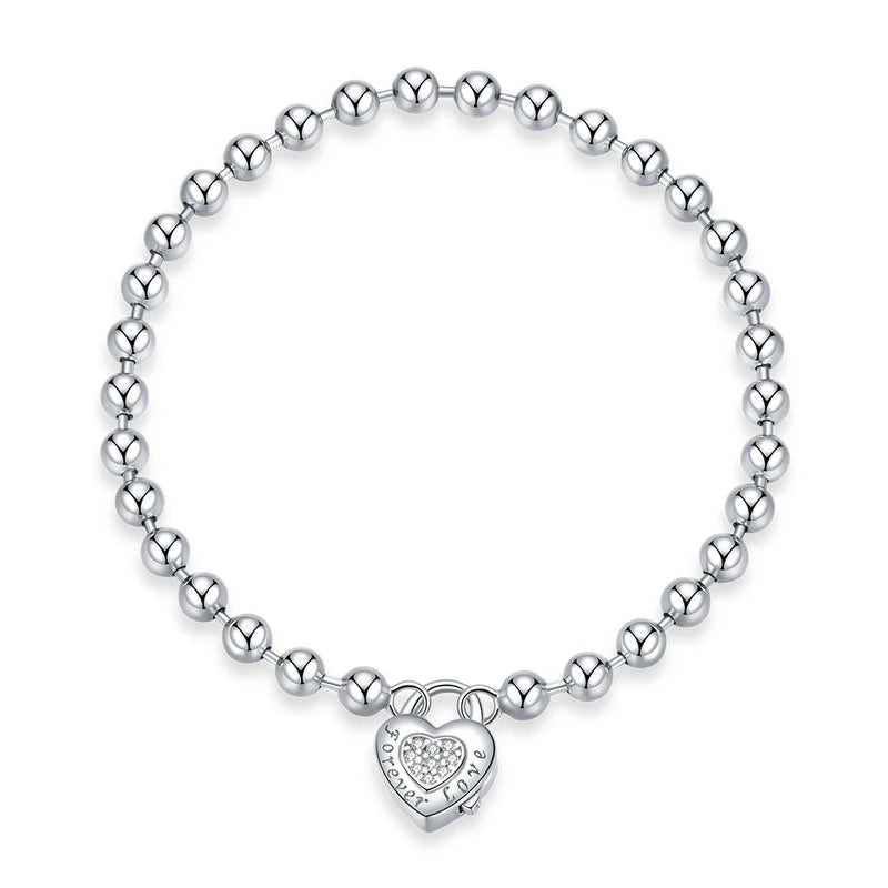 Sterling Silver Simple Love Bead Chain Bracelet for Women