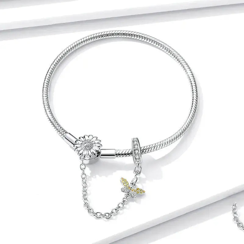 Sterling Silver Snake Charm Bracelet with Sunflower Safety Chain