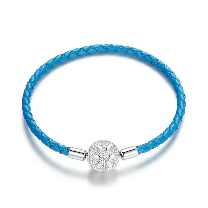 Sterling Silver Snowflake Clip with Blue Leather Bracelet