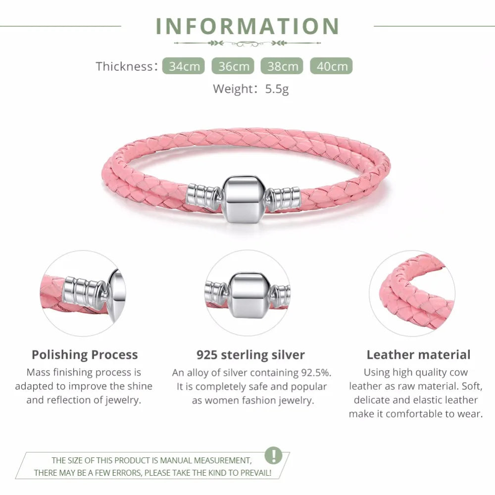 Long Pink & Black Braided Leather Bracelet with Silver Snake Clasp