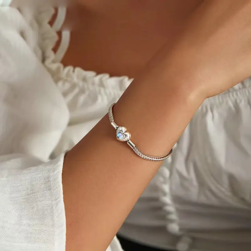 Moonstone Heart Charm Silver Bracelet – 925 Sterling Snake Chain