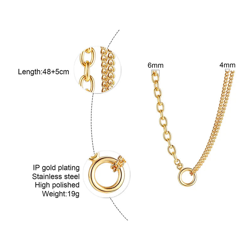 Oval Cable & Double Cuban Chain Necklace with Open Circle Pendant