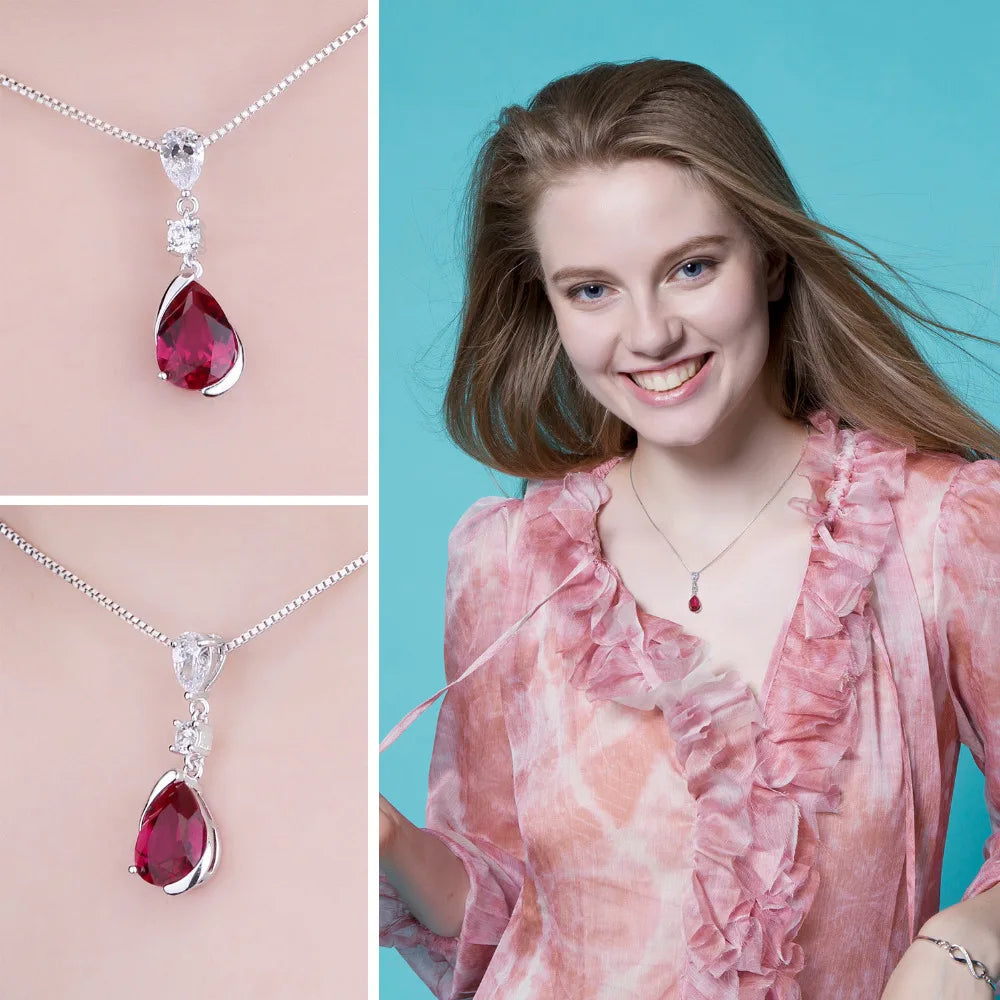 Pear Red Ruby 925 Silver Pendant Necklace (No Chain)