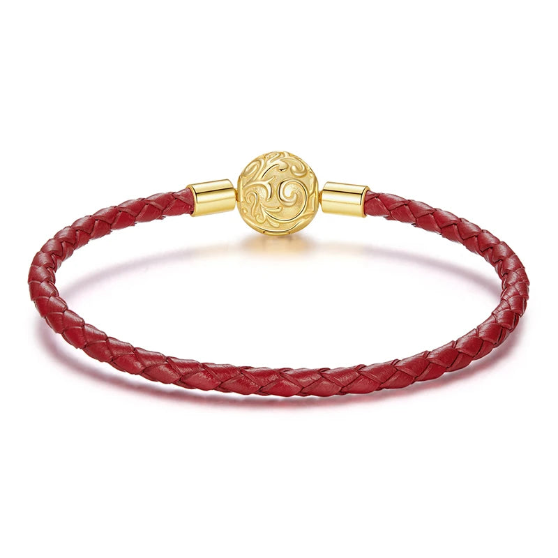 Retro Leather & Red Rope Woven Bracelet – Lucky Charm DIY Jewelry