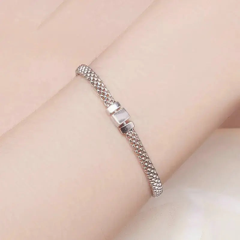 Silver Braided Chain Bracelet with Square Buckle – Platinum Plated