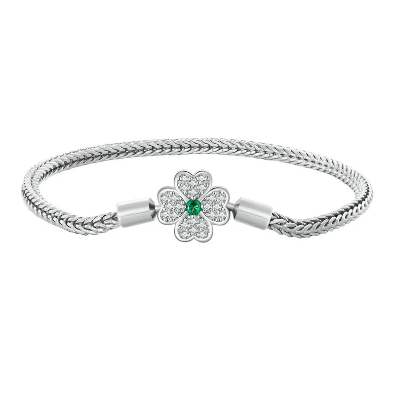 Silver Zircon Rose Clasp Snake Chain Charm Bracelet