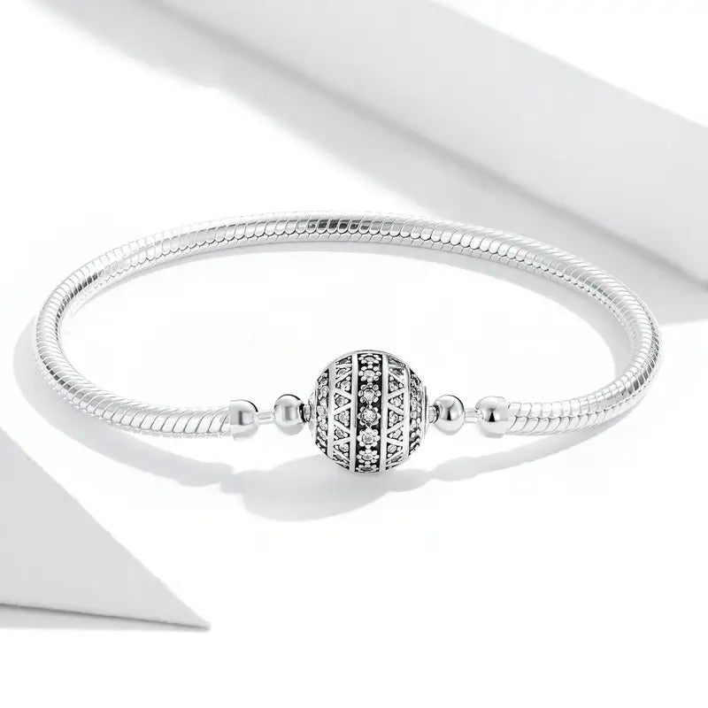 Sterling Silver CZ Flower Clasp Snake Chain Bracelet