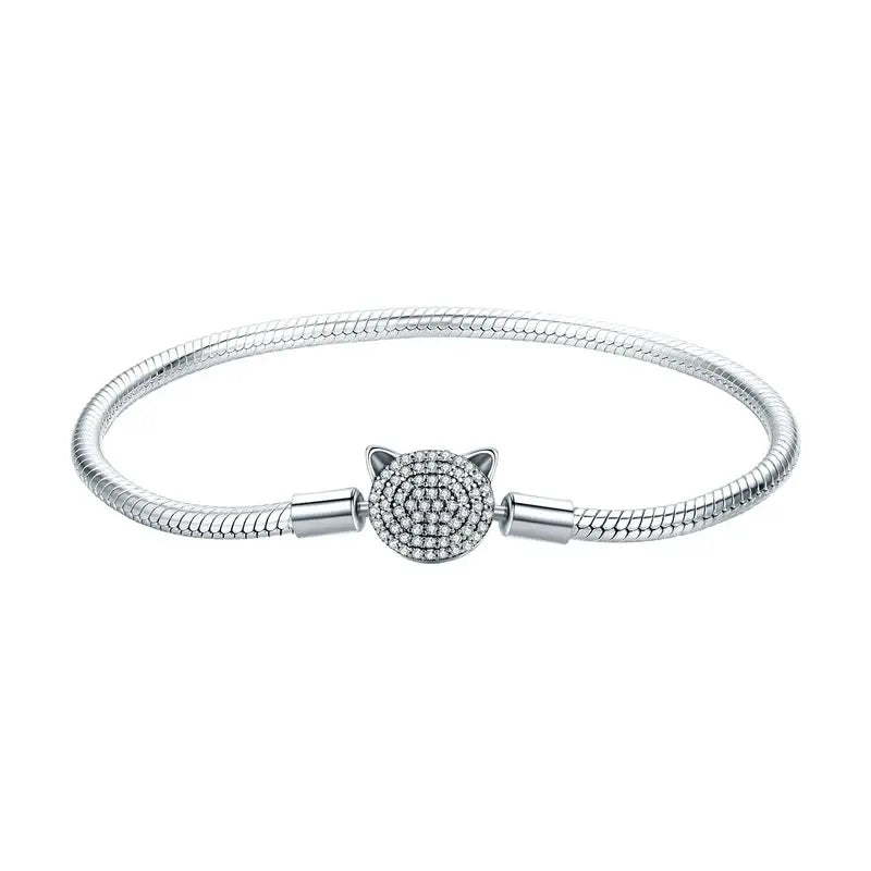 Sterling Silver Cat Charm Snake Chain Bracelet for Women