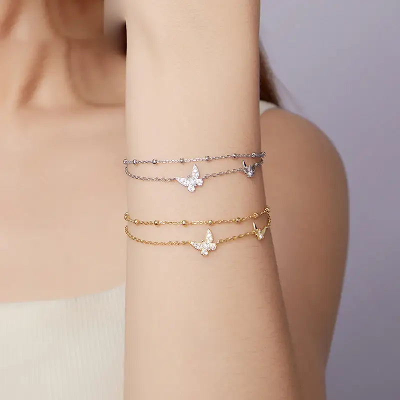 Sterling Silver Double-Layer Butterfly CZ Beaded Bracelet
