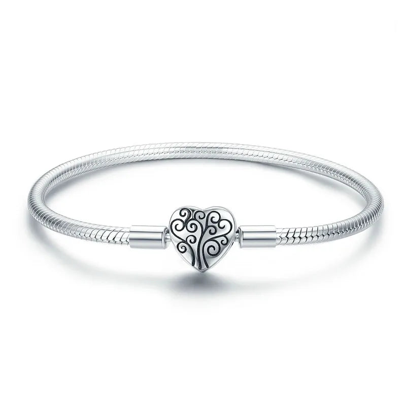 Sterling Silver Heart Charm Bracelet – Women’s Snake Chain Bangle