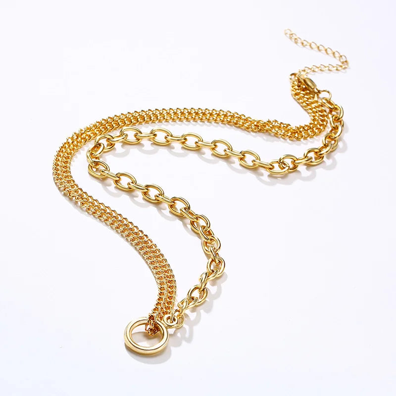 Oval Cable & Double Cuban Chain Necklace with Open Circle Pendant