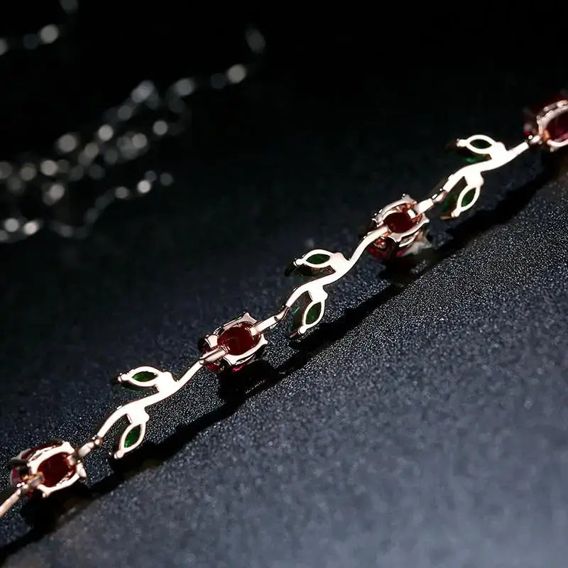 Rose Gold Leaf Link Bracelet with Red & Green Zircon
