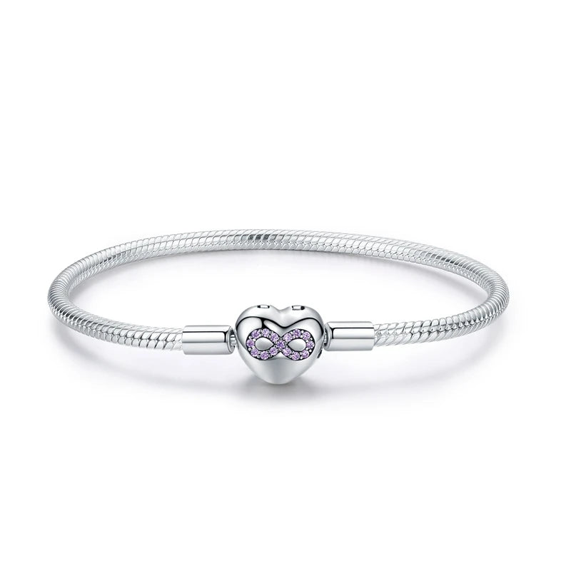 Silver Zircon Rose Clasp Snake Chain Charm Bracelet