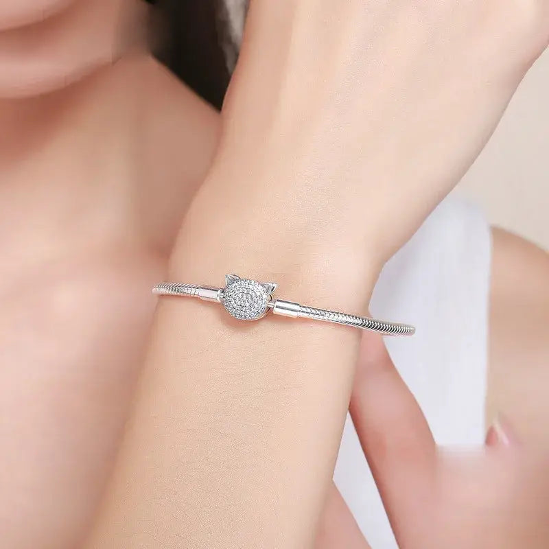Sterling Silver Cat Charm Snake Chain Bracelet for Women