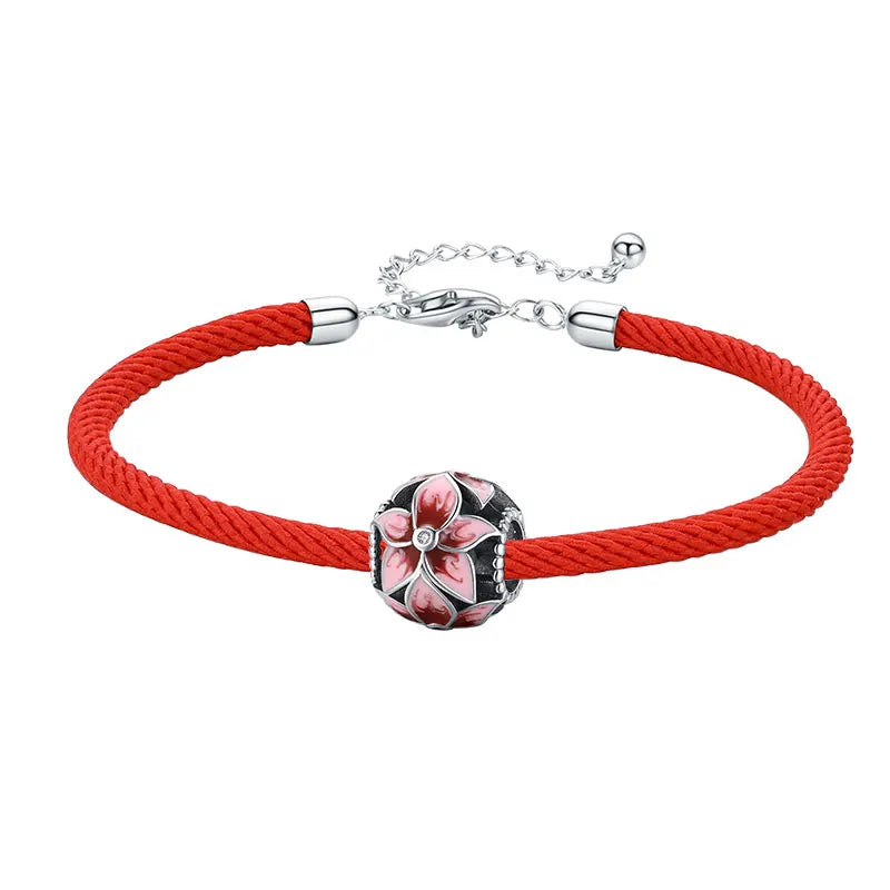 Sterling Silver Red Rope Bracelet with Enamel Charms
