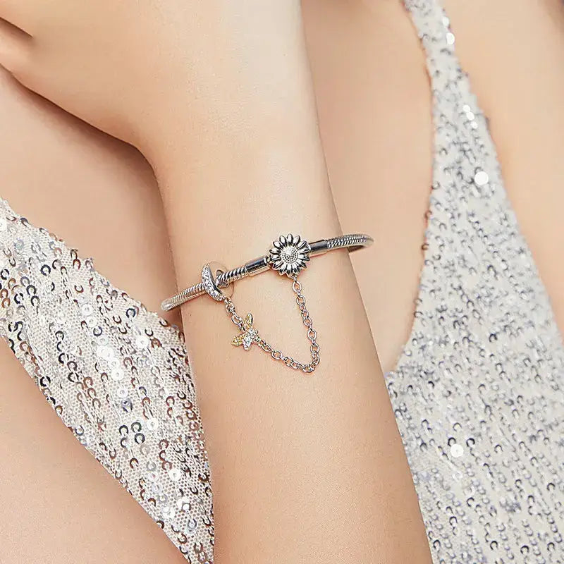 Sterling Silver Snake Charm Bracelet with Sunflower Safety Chain