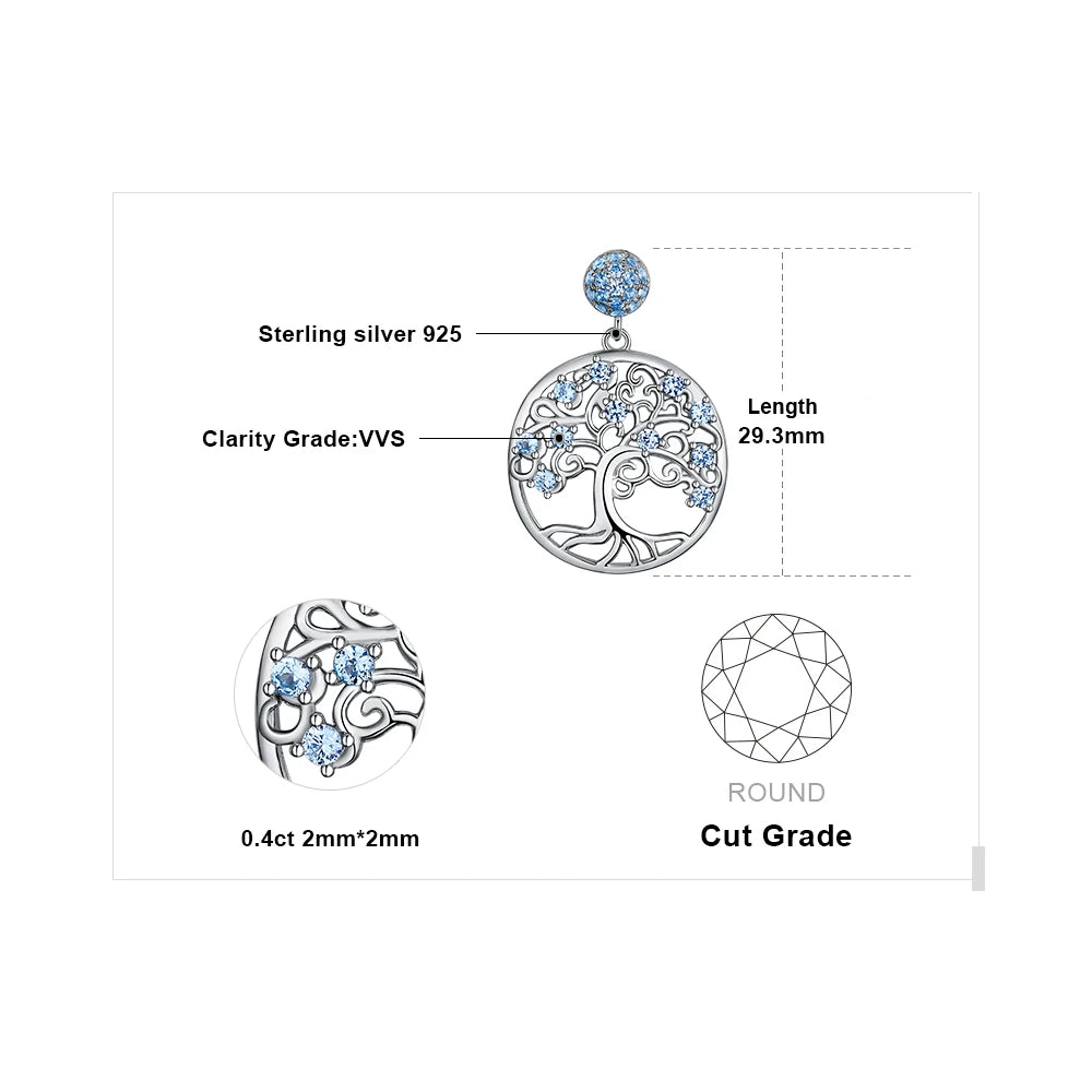 Blue Spinel Sterling Silver Tree of Life Pendant Necklace (No Chain)