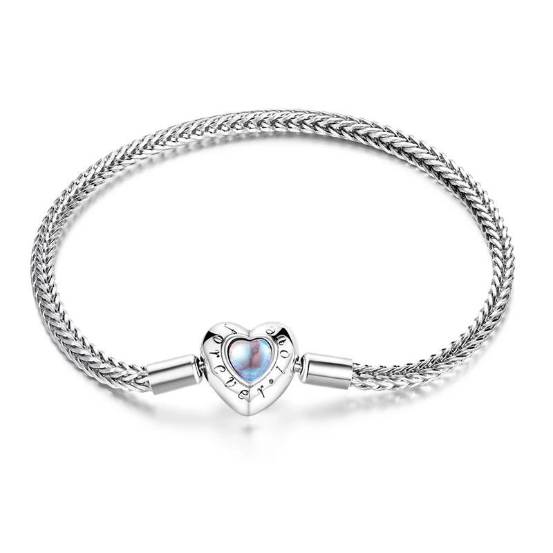 Moonstone Heart Charm Silver Bracelet – 925 Sterling Snake Chain