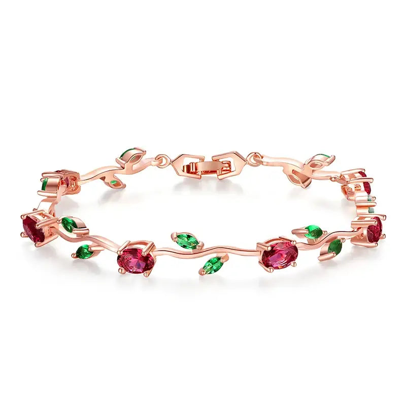 Rose Gold Leaf Link Bracelet with Red & Green Zircon