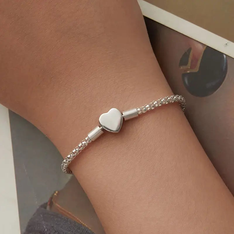 Silver Heart Charm Bracelet – 3mm Chain, DIY Bead Compatible