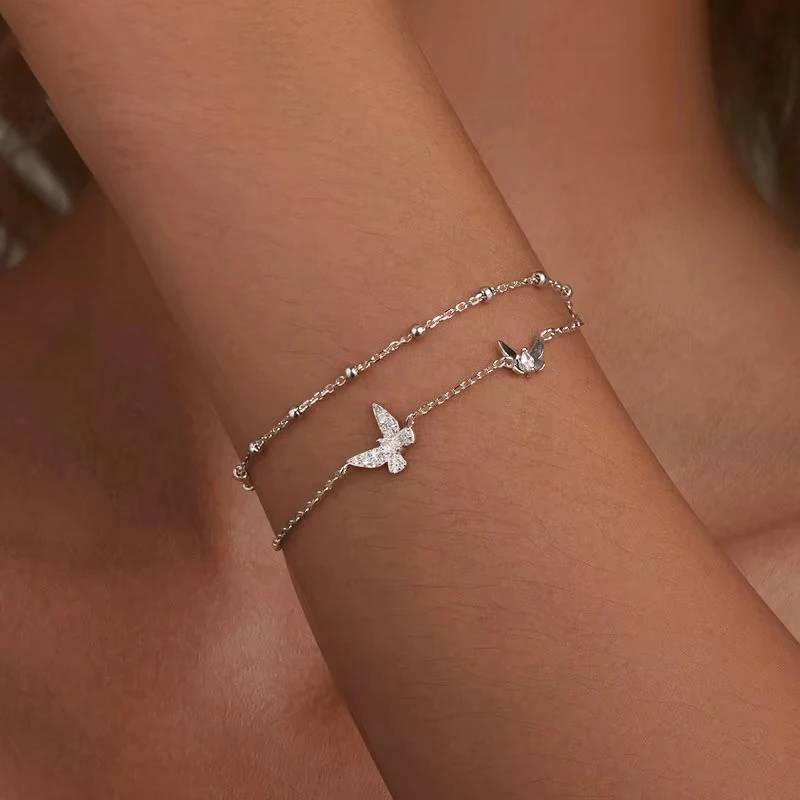 Sterling Silver Double-Layer Butterfly CZ Beaded Bracelet