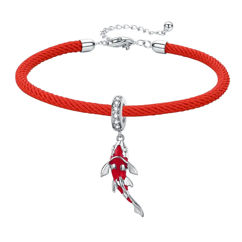 Sterling Silver Red Rope Bracelet with Enamel Charms