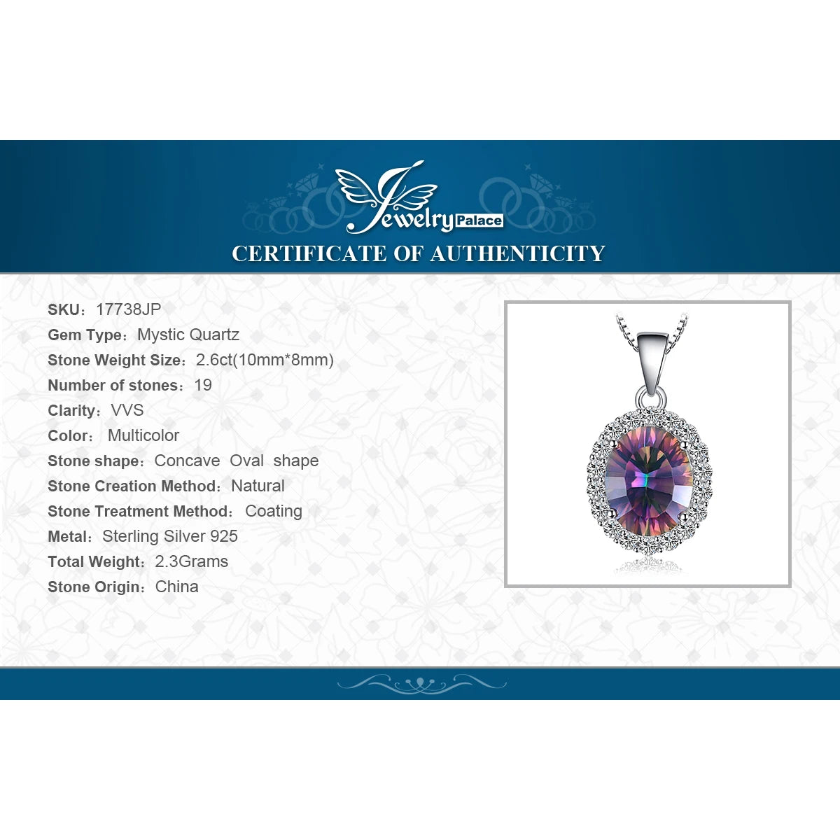 JewelryPalace 2.6ct Mystic Quartz Silver Pendant Necklace